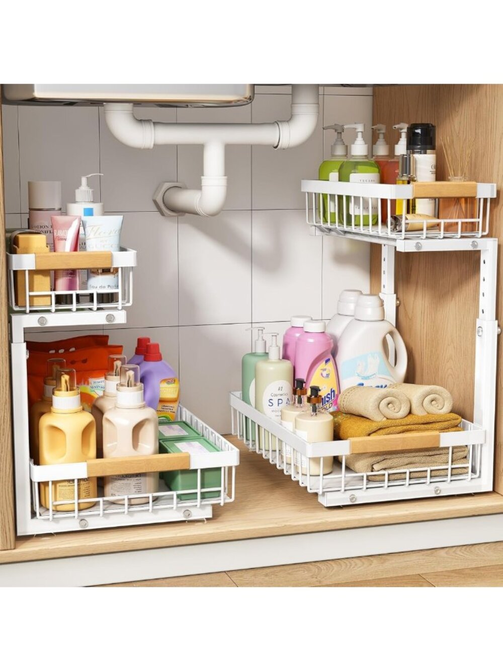 Adjustable 2-Tier Under Sink Organizer - Pull Out Storage for Kitchen & Bathroom